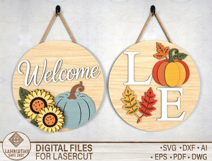 Welcome Sunflower and Love Fall Door Hanger SVG Set for Glowforge xTool LightBurn 2 Designs