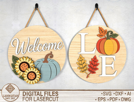 Welcome Sunflower and Love Fall Door Hanger SVG Set for Glowforge xTool LightBurn 2 Designs