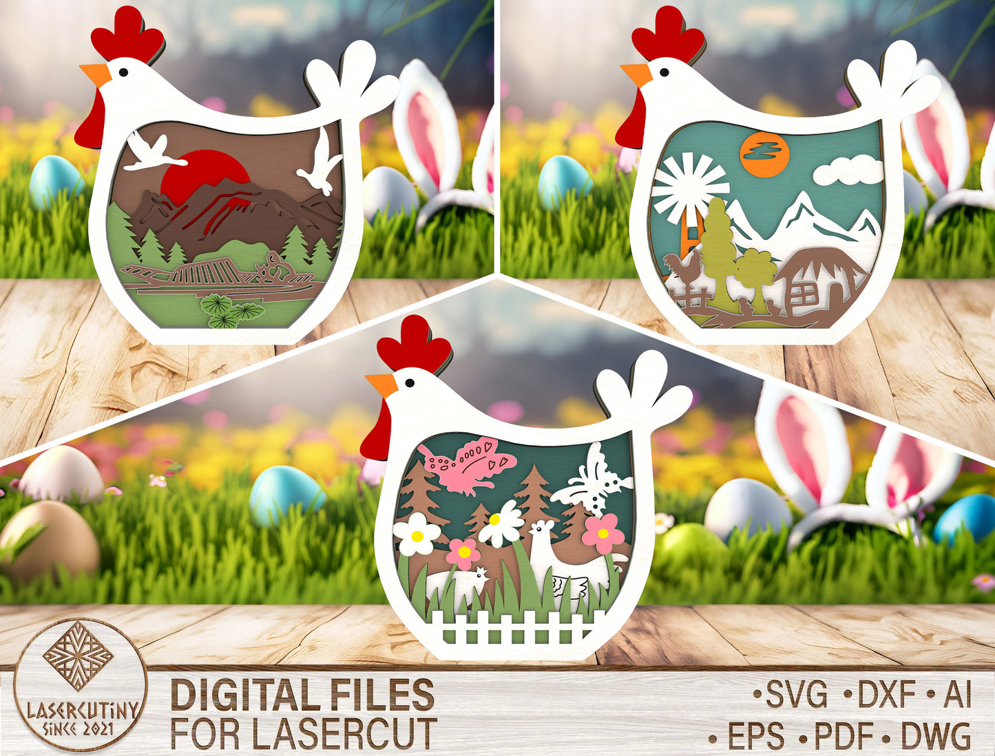 Multilayer Chicken Easter Decor SVG Farm Scene Spring for Glowforge