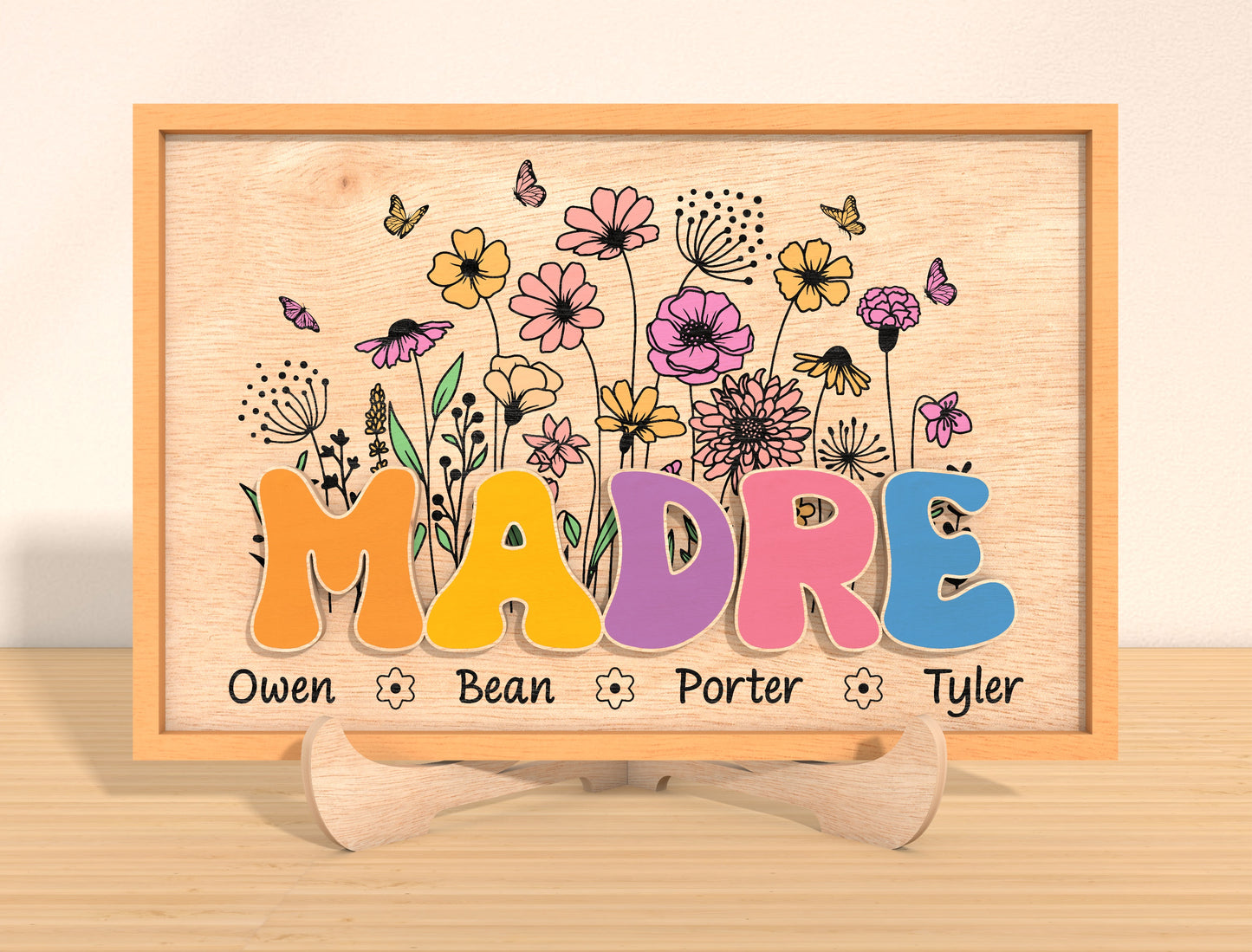 Personalized Mother’s Day Floral Name Sign Laser Cut File | Custom Mom & Grandma Decor | Colorful Botanical Style | Glowforge, xTool, LightBurn, etc.