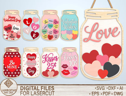 Valentine Mason Jar SVG Bundle Laser Cut File for Glowforge and xTool