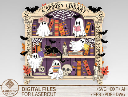 Spooky Library Ghost Bookshelf SVG Halloween Laser Cut File for xTool