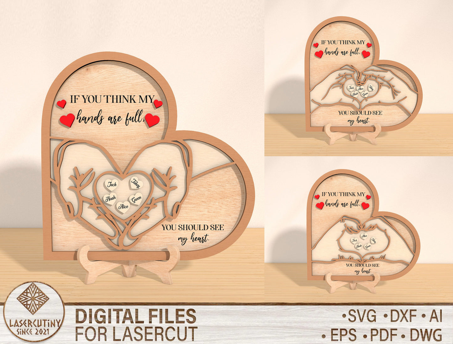 Personalized Hands Heart Family Name Sign SVG for LightBurn and xTool
