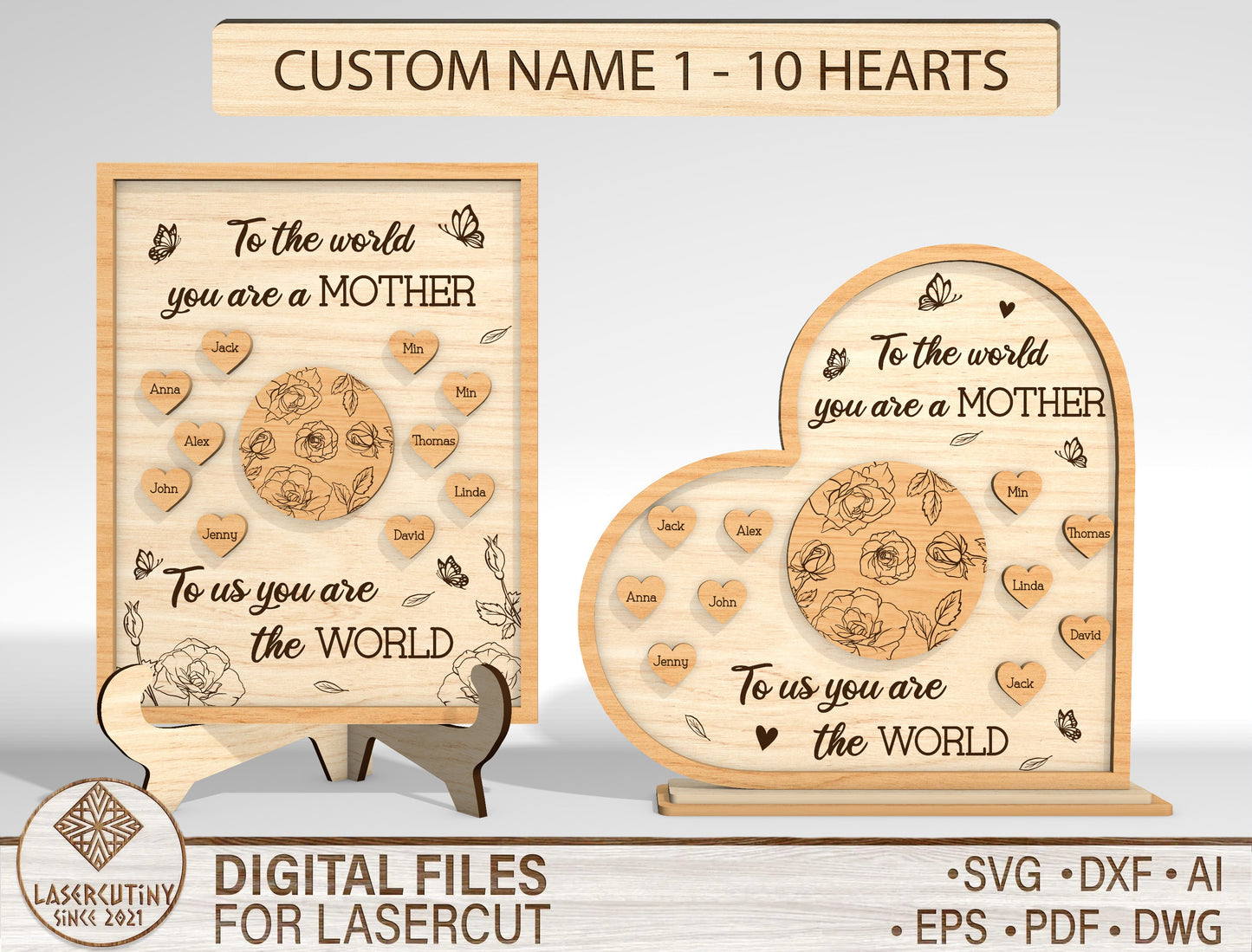 Personalized Mom Heart Custom Names Sign SVG for LightBurn and xTool