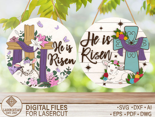 He Is Risen Cross Lamb Easter Door Hanger SVG for LightBurn and Glowforge