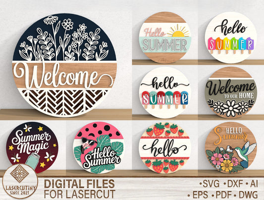 Hello Summer Door Hanger SVG Bundle with 9 Seasonal Sign Designs
