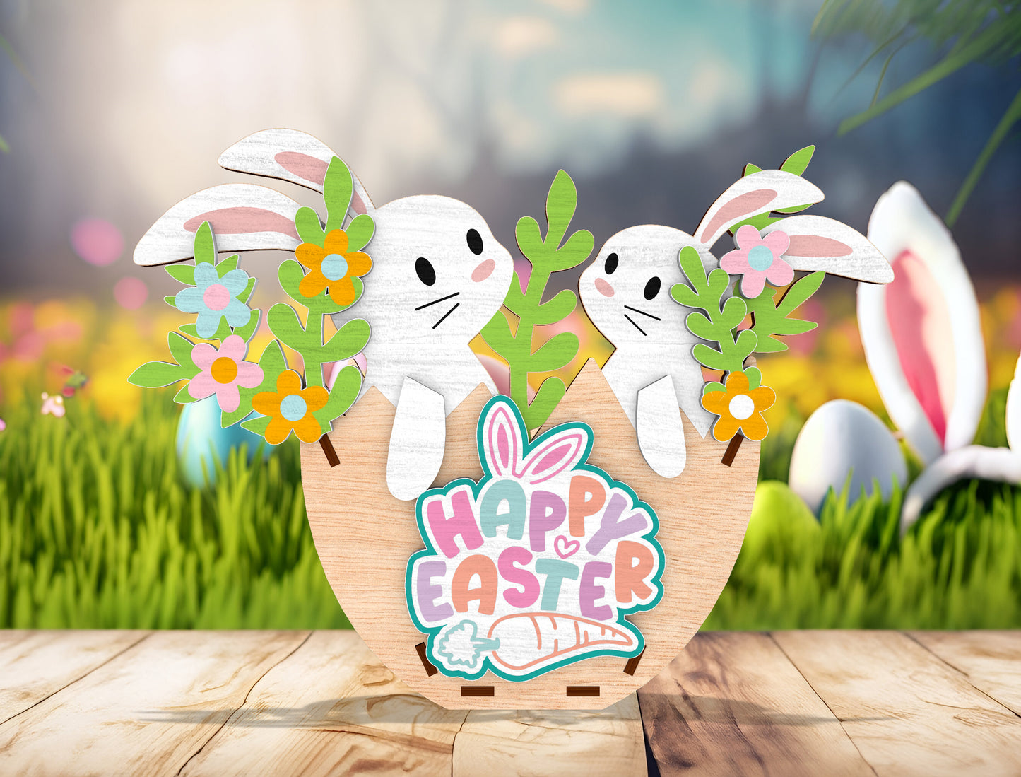 Easter Bunny Flower Standing SVG Cute Bunny Egg for Glowforge and xTool