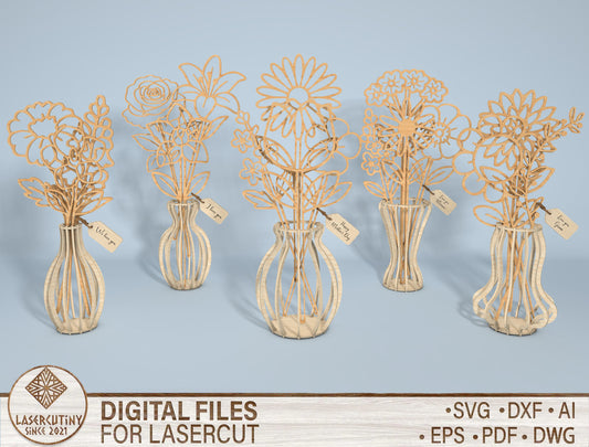 Floral Vase Stand Line Art SVG Bundle for Glowforge and LightBurn