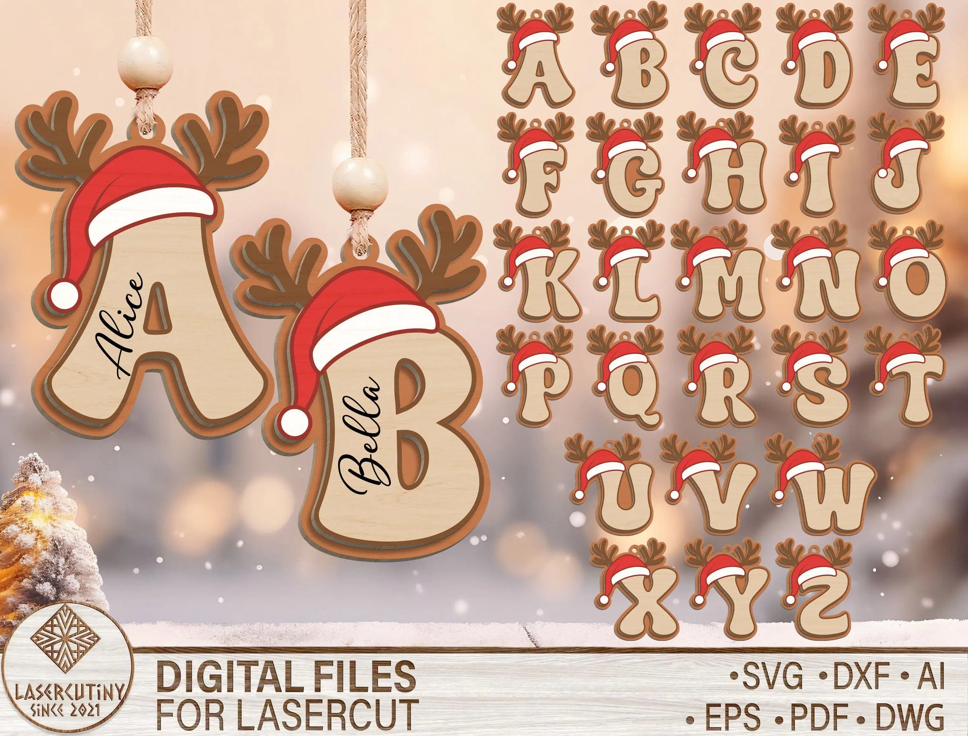 Christmas Reindeer Alphabet Ornament Laser Cut File | Ready to Cut | Glowforge, xTool, LightBurn, etc. My Store