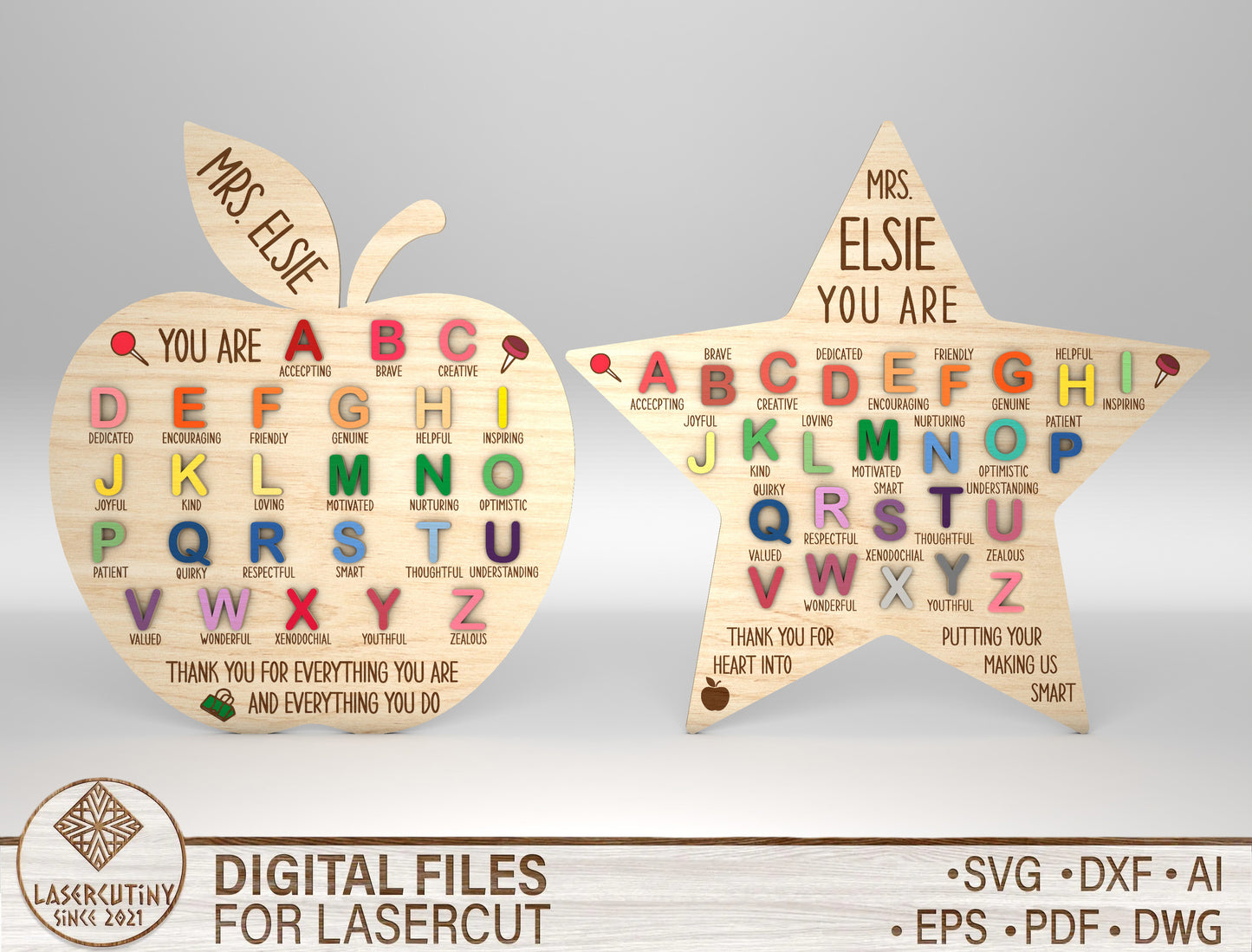 Personalized Teacher Alphabet Sign Laser Cut File for Glowforge and xTool