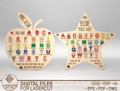 Personalized Teacher Alphabet Sign Laser Cut File for Glowforge and xTool
