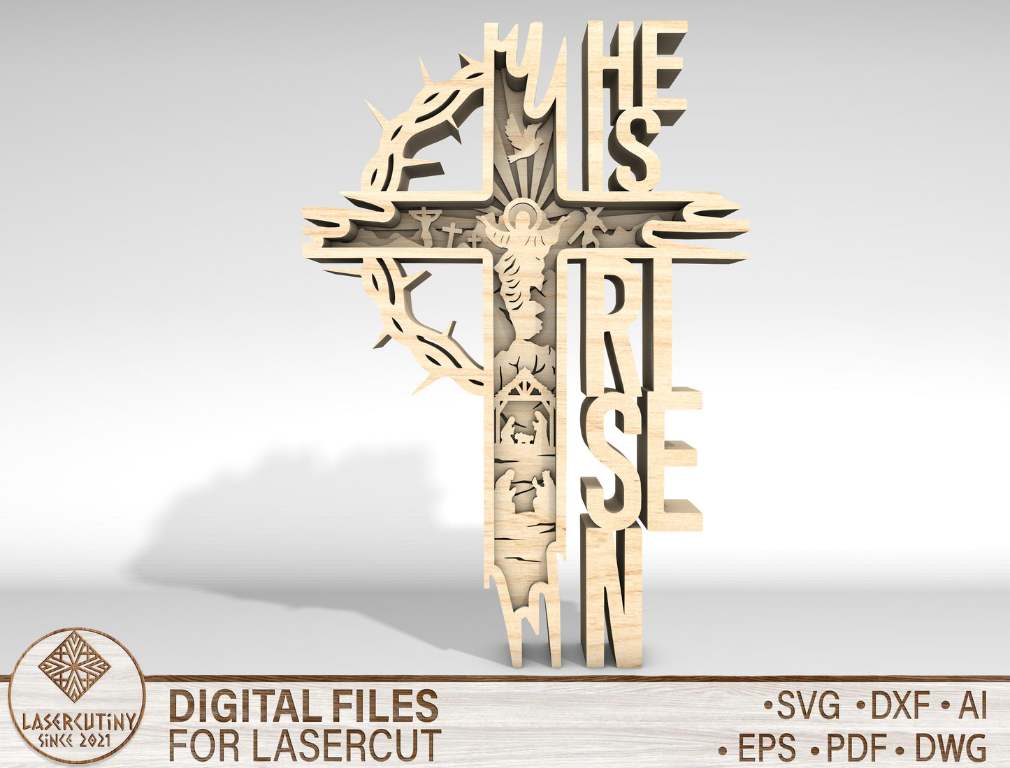 "He Is Risen" Christian Cross Multilayer SVG for Glowforge and xTool