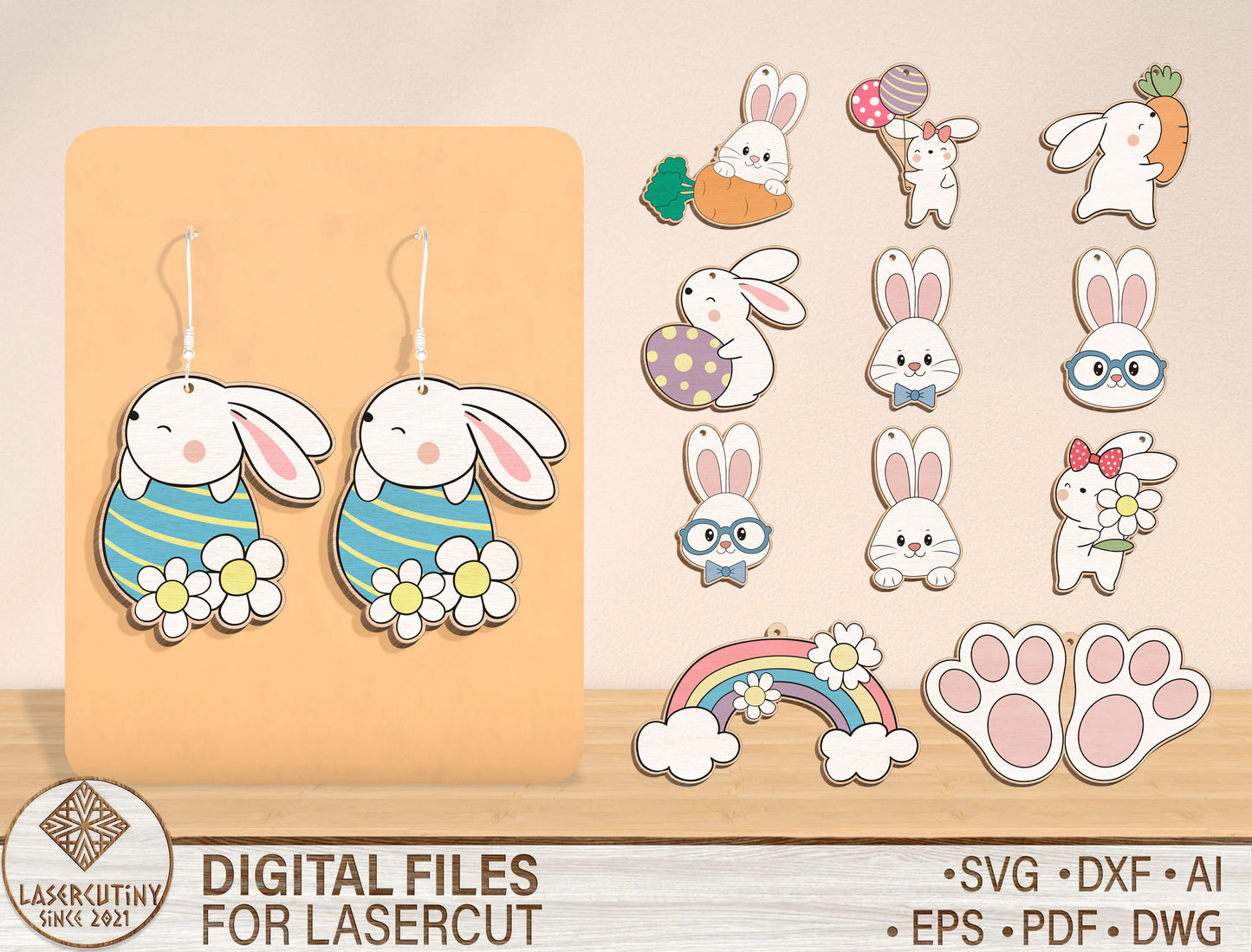 Easter Bunny Earrings SVG Bundle 12 Cute Rabbit Designs for Glowforge and xTool