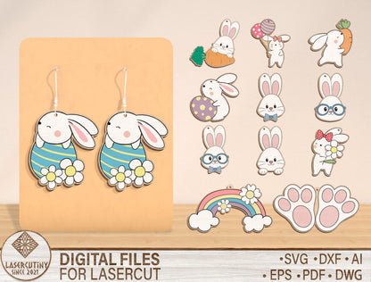 Easter Bunny Earrings SVG Bundle 12 Cute Rabbit Designs for Glowforge and xTool