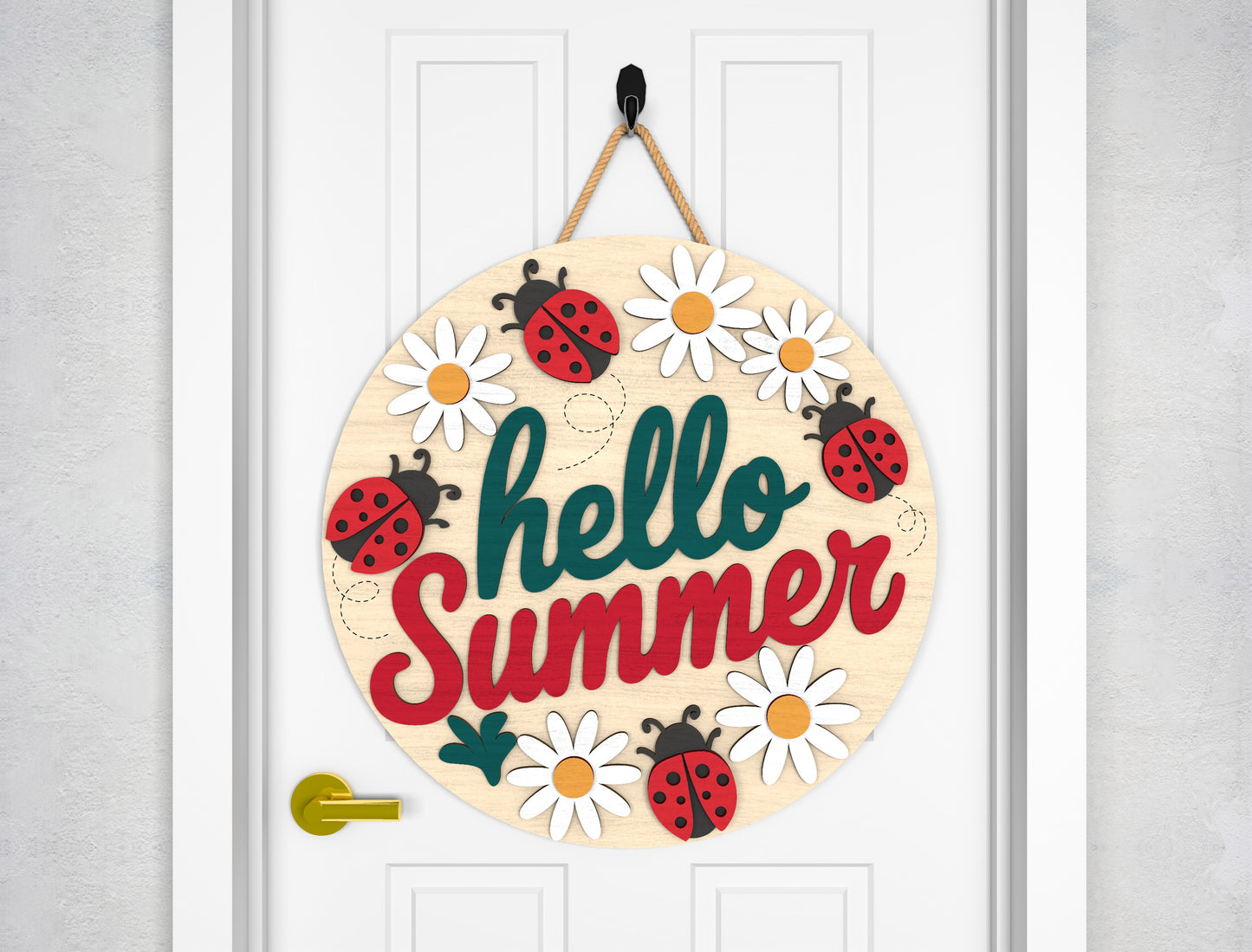 Hello Summer Daisy Ladybug Door Hanger SVG – Cute Floral Polka Dot Decor – Laser Cut File