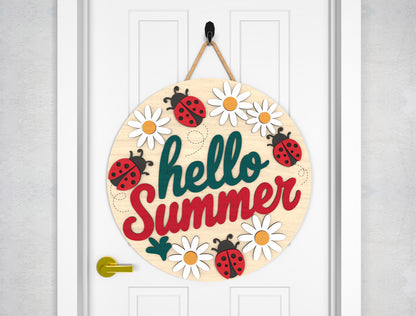 Hello Summer Daisy Ladybug Door Hanger SVG – Cute Floral Polka Dot Decor – Laser Cut File