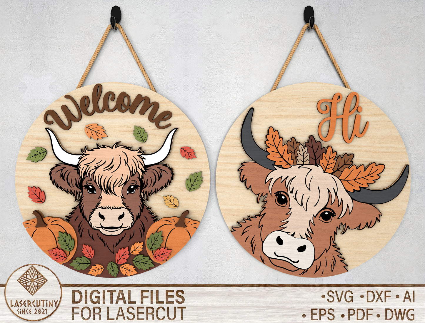 Highland Cow Fall Door Hanger SVG Set for Glowforge xTool LightBurn 2 Designs