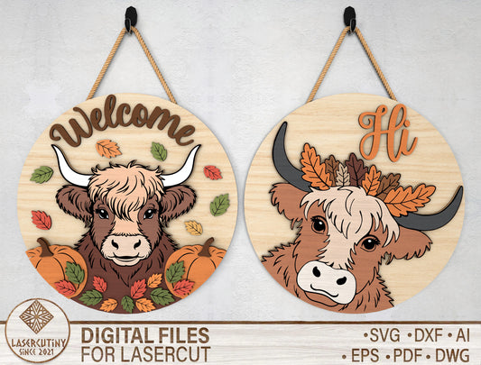 Highland Cow Fall Door Hanger SVG Set for Glowforge xTool LightBurn 2 Designs