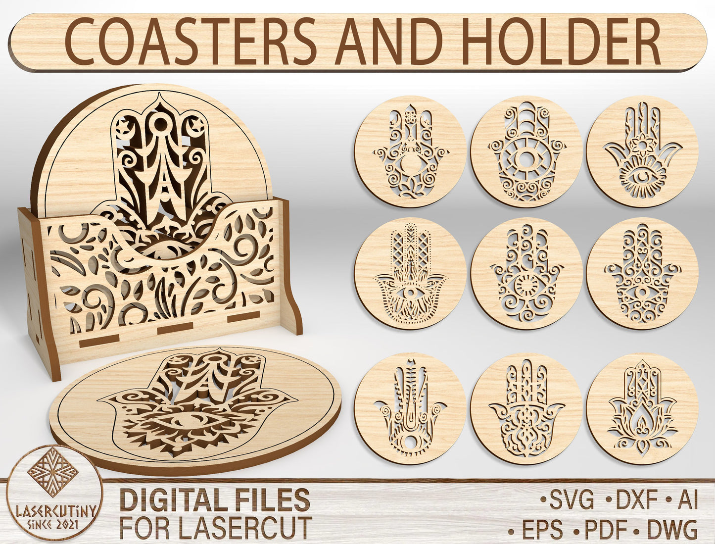 Mandala Coaster SVG Bundle with Holder for LightBurn and Glowforge