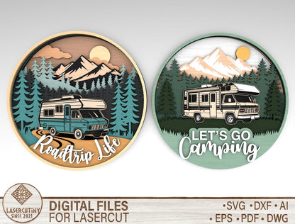 Camping RV Round Sign SVG Laser Cut File for Glowforge Users