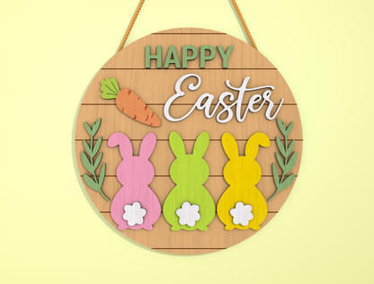 Happy Easter Bunny Round Door Sign SVG Layered Decor for Glowforge