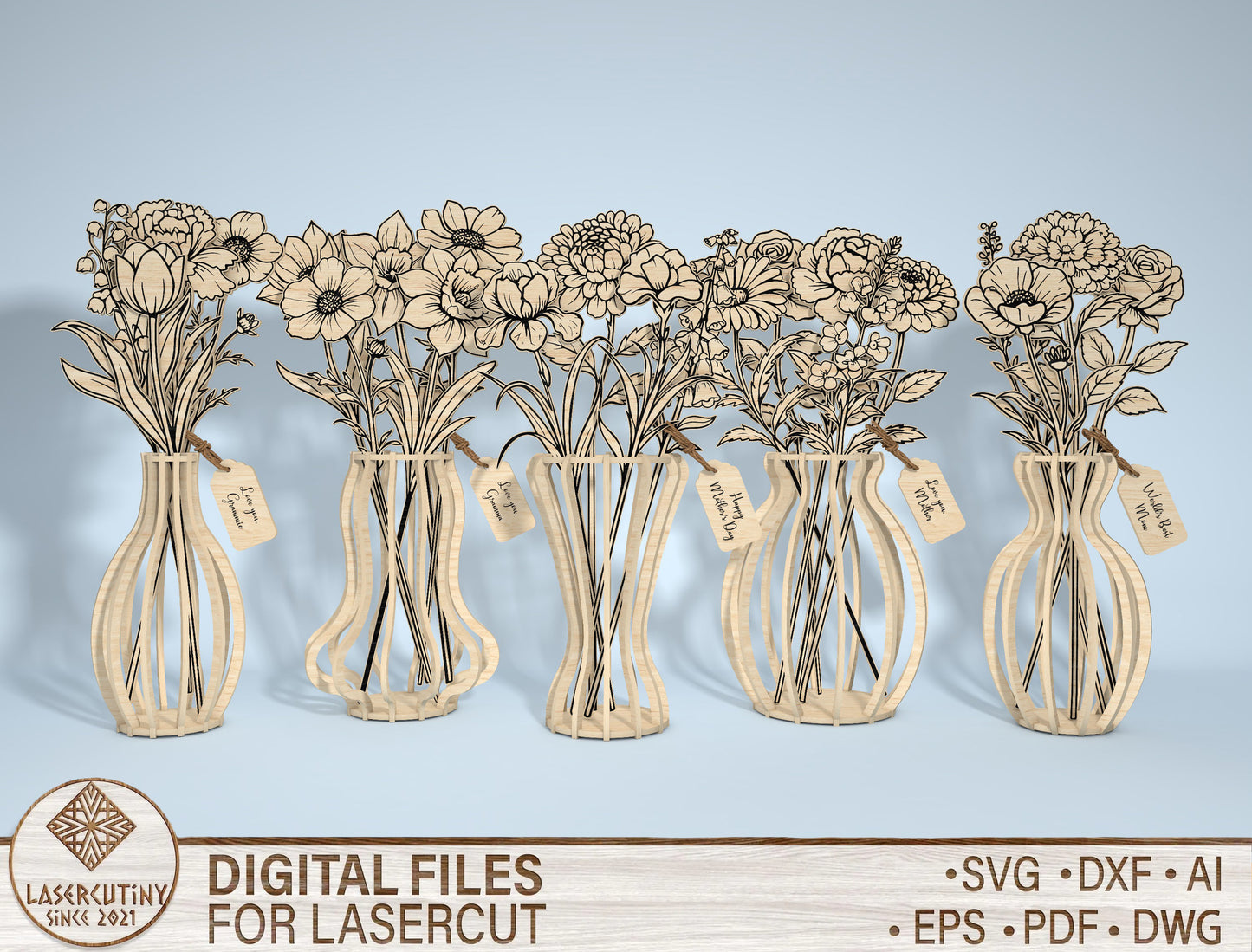 Wooden Flower Vase SVG Bundle 5 Vases 22 Flowers for Glowforge and xTool