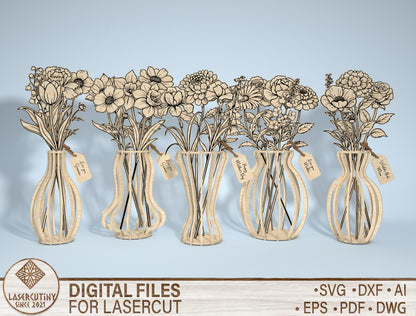 Wooden Flower Vase SVG Bundle 5 Vases 22 Flowers for Glowforge and xTool