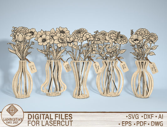 Wooden Flower Vase SVG Bundle 5 Vases 22 Flowers for Glowforge and xTool