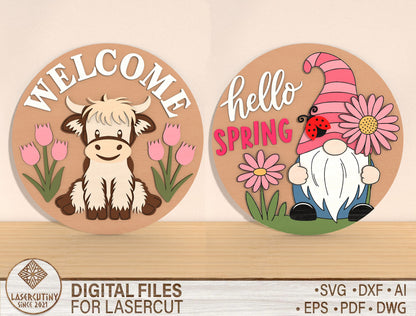 Spring Round Door Hanger SVG Highland Cow Hello Spring for LightBurn