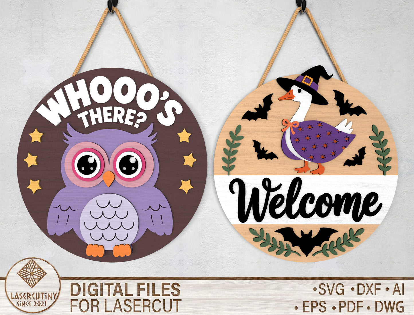 2 Owl Halloween Door Sign SVG Welcome Laser Cut Bundle for LightBurn