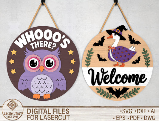 2 Owl Halloween Door Sign SVG Welcome Laser Cut Bundle for LightBurn