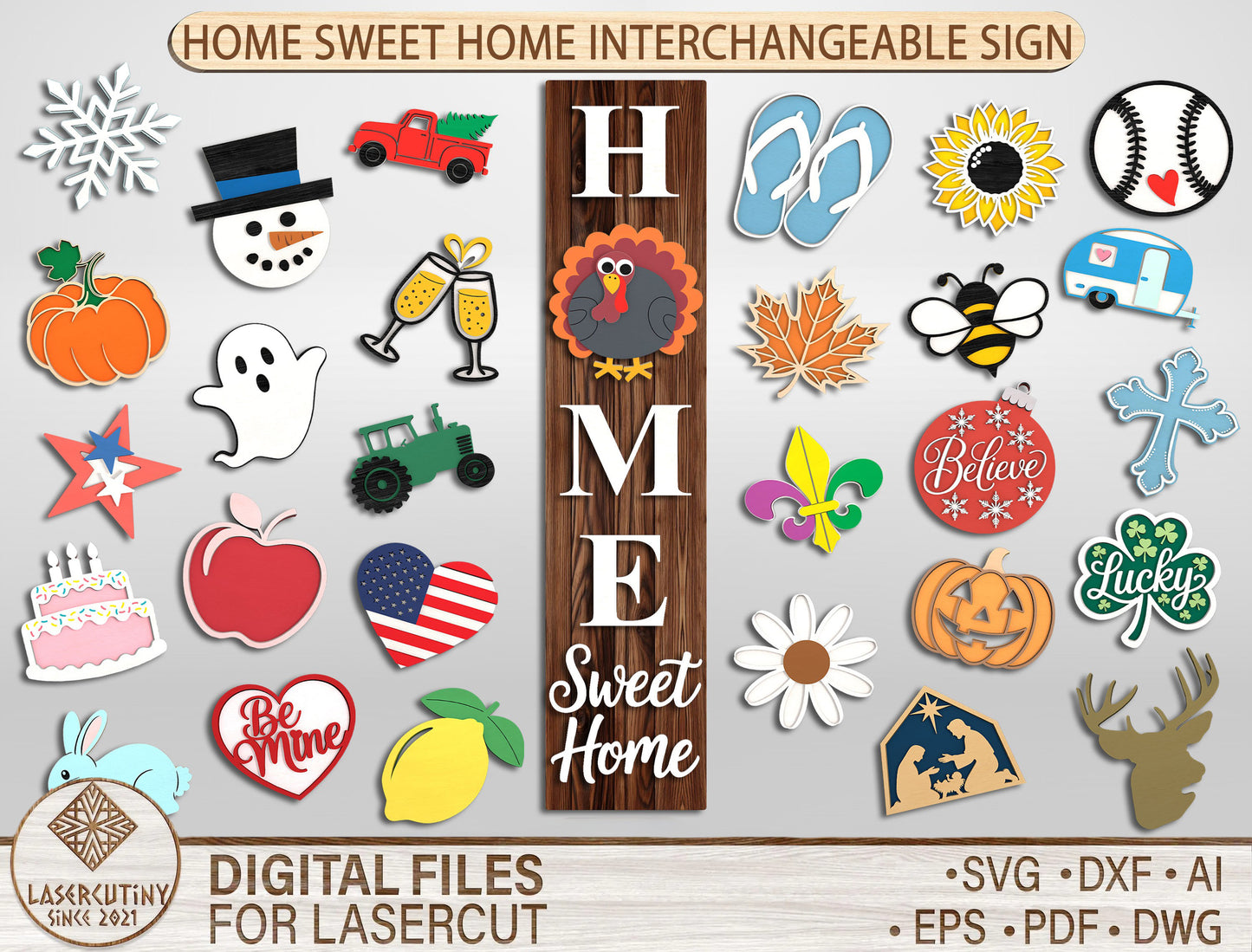 Home Sweet Home Interchangeable Sign SVG Bundle for Glowforge and xTool