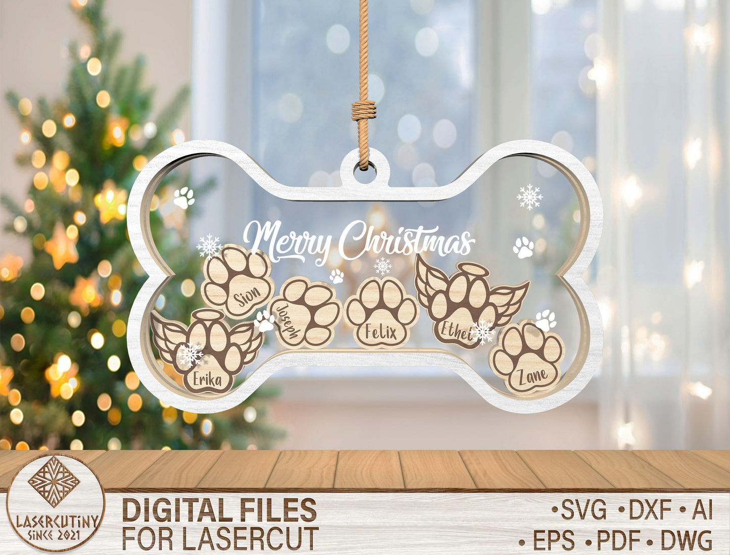 Dog Bone Shaker Ornament SVG Pet Memorial Christmas Decor Laser Cut File for Lightburn