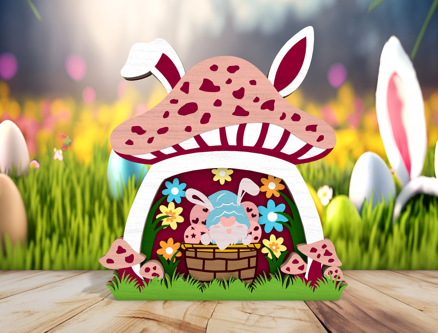Easter Bunny Mushroom Decor SVG Wooden Spring Scene for Glowforge