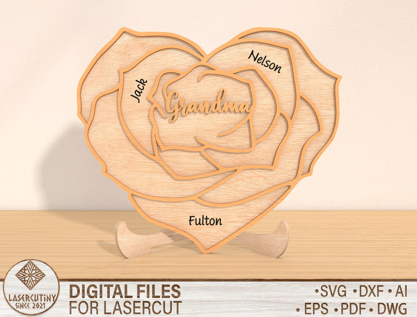 Rose Heart Family Name Sign SVG Bundle for Glowforge and xTool