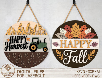 Happy Harvest Tractor and Happy Fall Door Hanger SVG Set for Glowforge xTool LightBurn 2 Designs