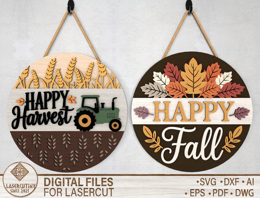 Happy Harvest Tractor and Happy Fall Door Hanger SVG Set for Glowforge xTool LightBurn 2 Designs