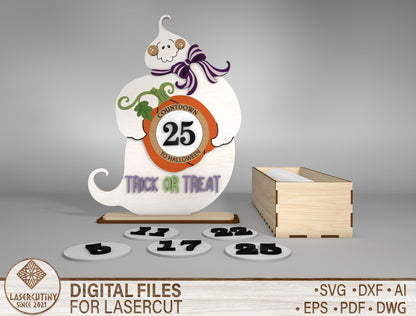 Halloween Ghost Countdown Calendar SVG for Glowforge LightBurn xTool Trick or Treat Shelf Sitter