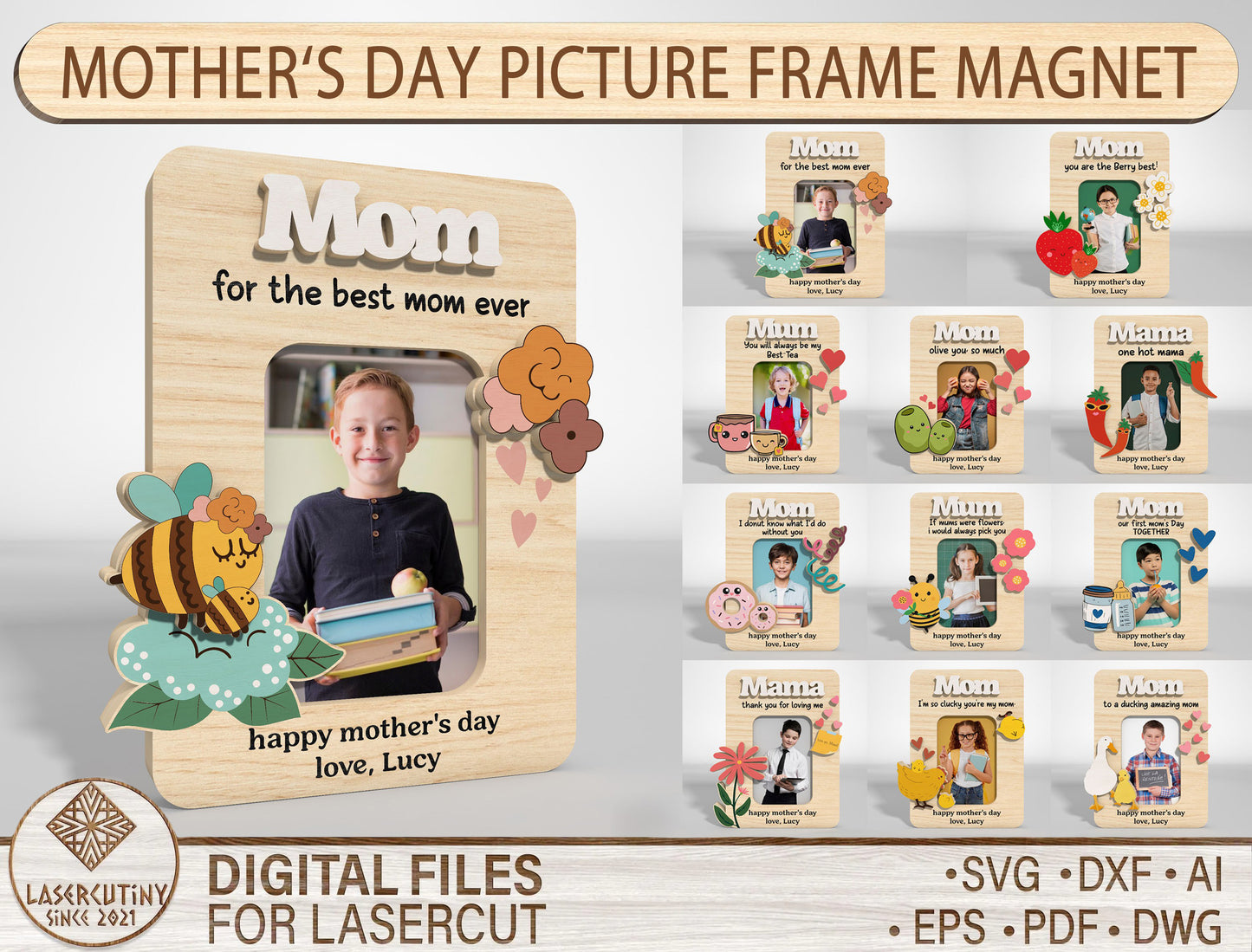 Cute Mom Photo Frame Magnet SVG Bundle 11 Designs for Glowforge