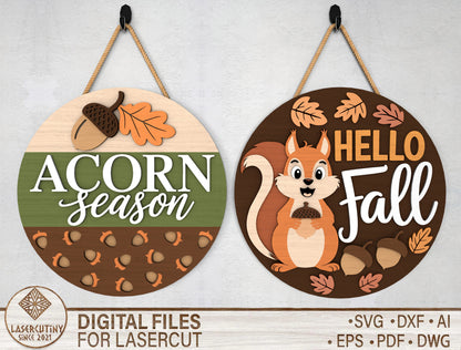 Acorn Season Hello Fall Squirrel Door Hanger SVG Set for Glowforge xTool LightBurn 2 Designs