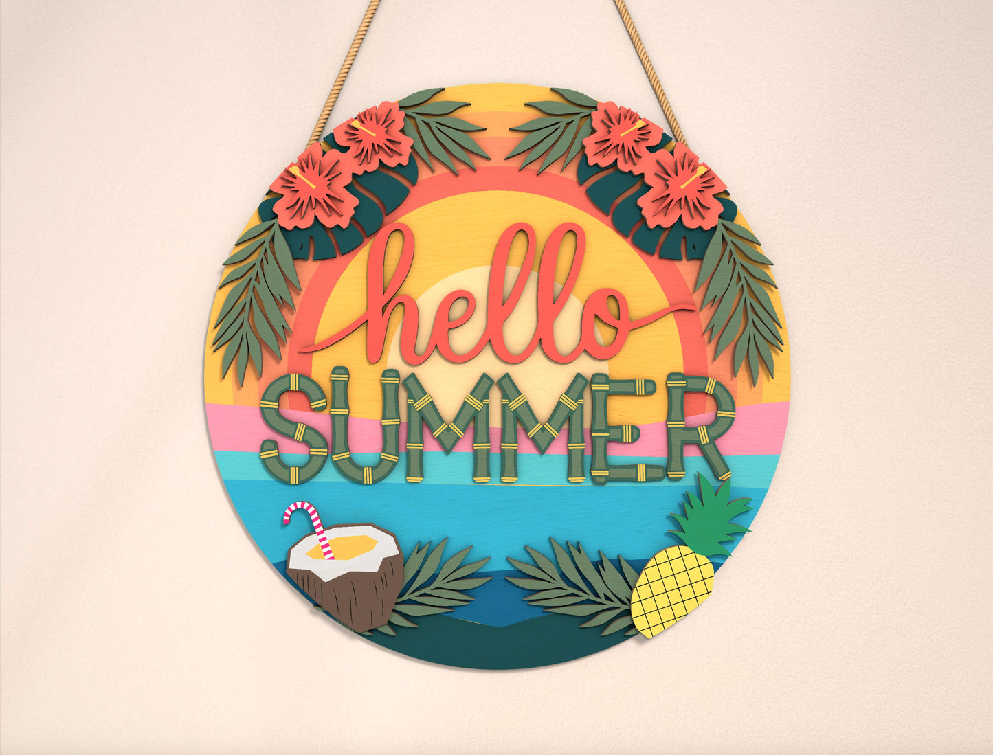 “Hello Summer” Tropical Door Sign SVG for Glowforge and xTool