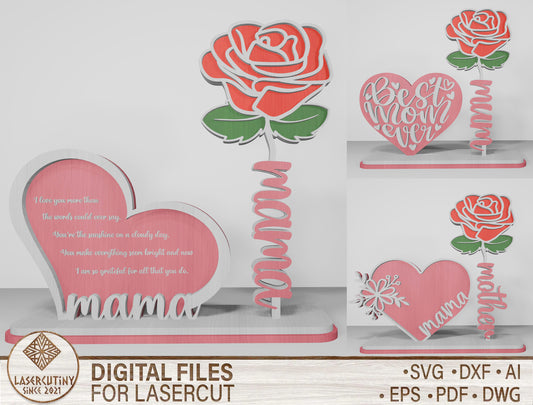 Rose Mom Tabletop Decor SVG Bundle Mother's Day for LightBurn