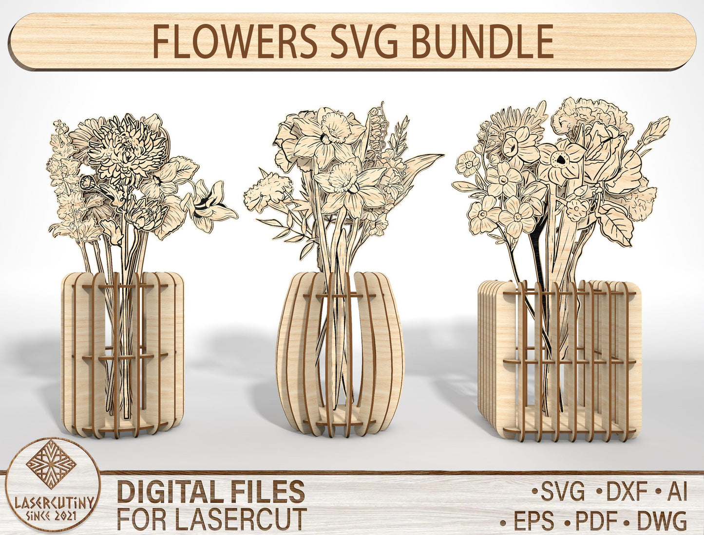 Flower Vase SVG Bundle 3 Vases and 13 Flowers for LightBurn and xTool