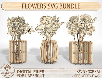 Flower Vase SVG Bundle 3 Vases and 13 Flowers for LightBurn and xTool