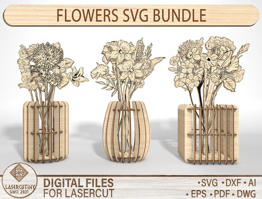 Flower Vase SVG Bundle 3 Vases and 13 Flowers for LightBurn and xTool