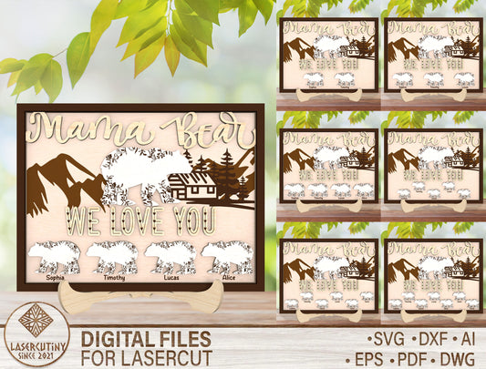 Personalized Mama Bear Family Sign SVG for Glowforge and LightBurn
