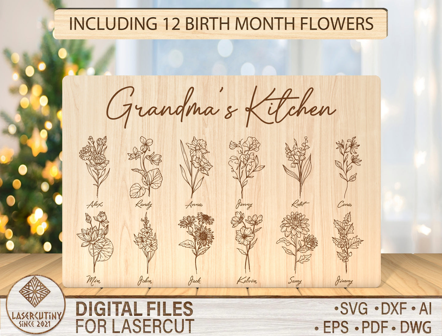 Grandma's Kitchen Birth Month Flower Sign SVG for xTool and LightBurn
