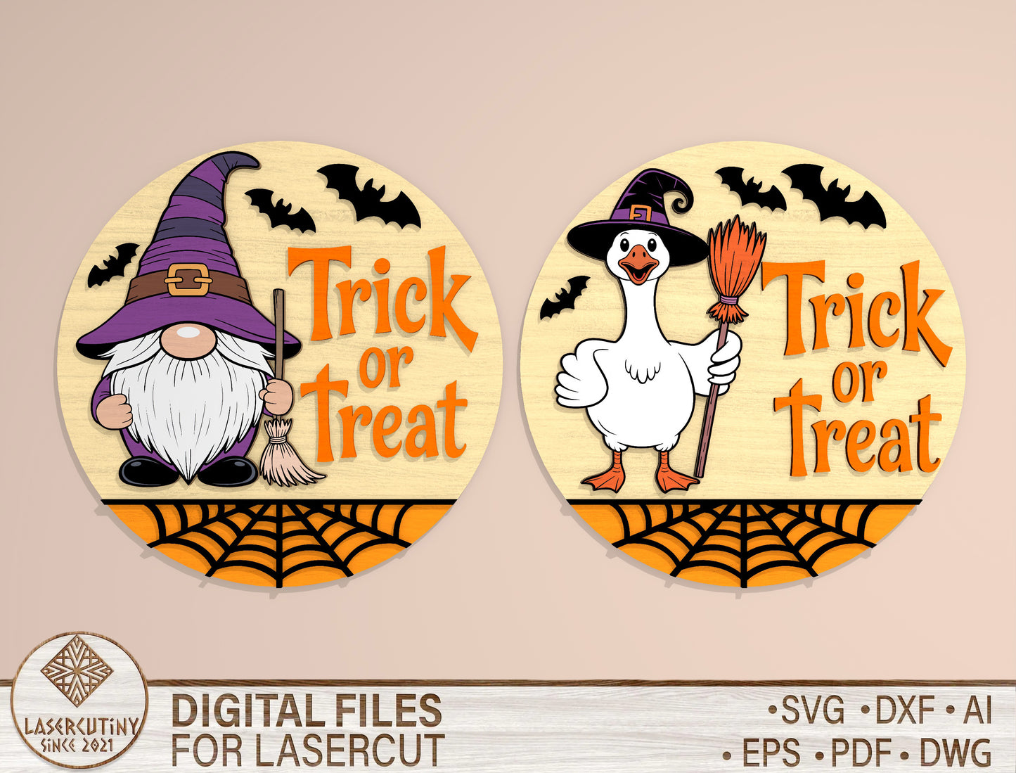 Trick or Treat Halloween Door Hanger SVG Set for Glowforge xTool LightBurn 2 Designs