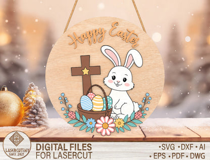 Bunny Cross Door Hanger SVG He Is Risen Rabbit Floral for LightBurn