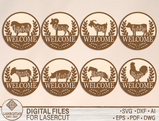 Farm Animal Welcome Sign SVG Bundle for Glowforge and LightBurn